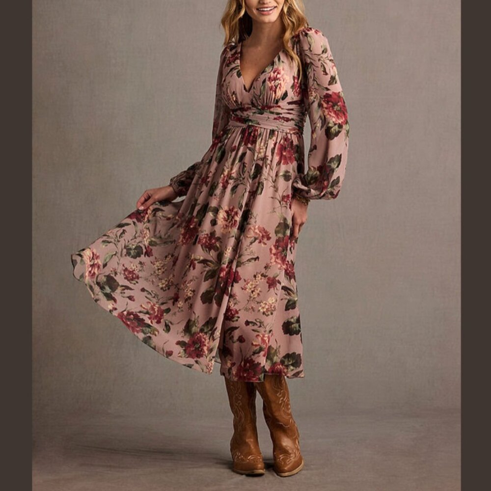 NWT Azazie Stevie Midi Dress Mauve Floral Elegant Fairycore Sheer Chiffon 12